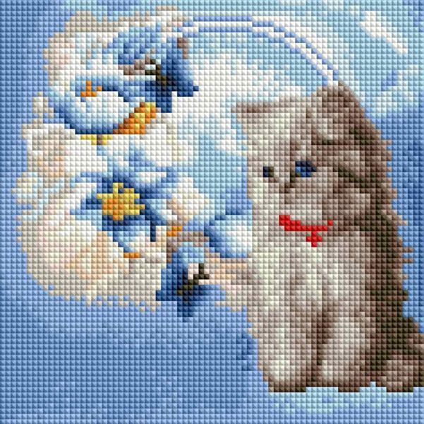Алмазна мозаїка "Котик з квітами" на підрамнику, 20x20см DDP1216 фото