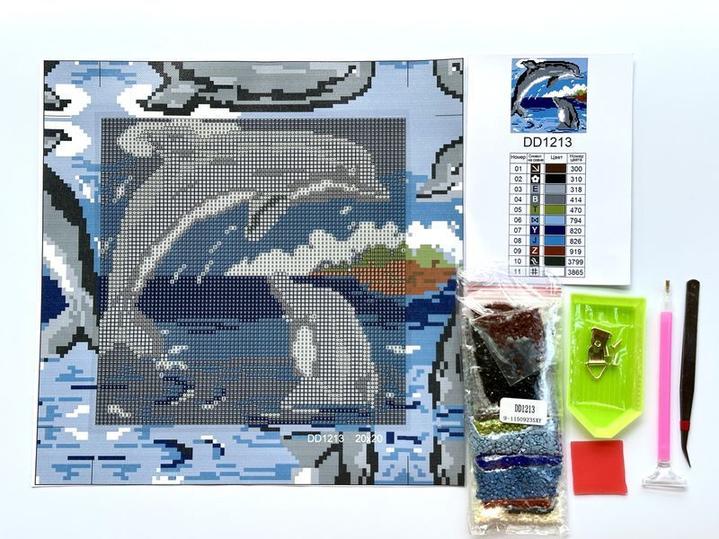 Алмазна мозаїка "Дельфінчики" на підрамнику, 20x20см DDP1213 фото
